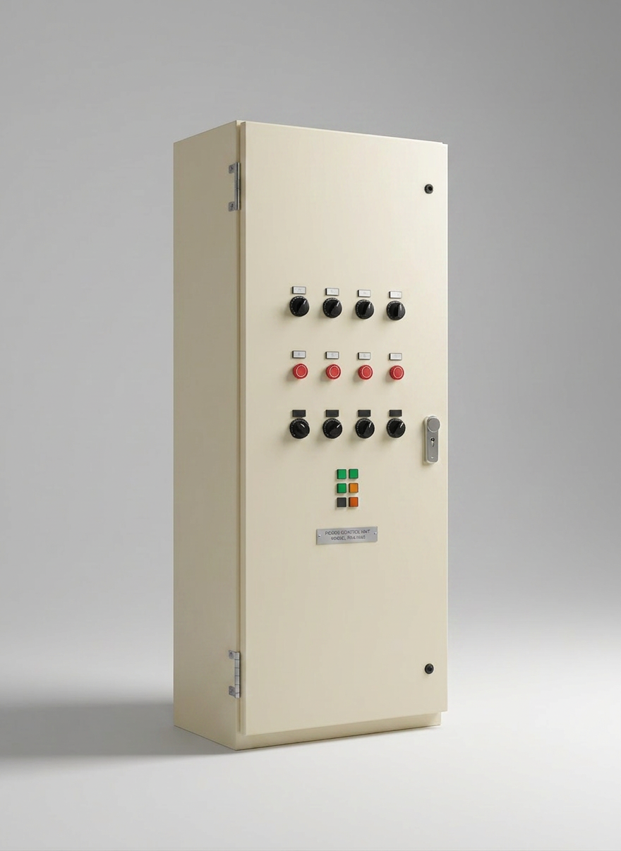 A clean, minimalist product-shot style image of a single standalone electrical distribution panel, photographed against a seamless light grey studio background. The enclosure is a tall, rectangular, powder-coated metal cabinet with a smooth matte finish, reinforced hinges, and a robust lockable handle. On the front door, a neatly arranged array of selector switches, push buttons, and indicator lights forms a logical pattern, with a small engraved nameplate near the top. Soft, diffused studio lighting from both sides and above creates gentle highlights along the cabinet edges and a faint shadow on the floor, separating it from the background. Captured with a slightly low angle to give a subtle sense of importance, the panel appears solid, engineered, and premium. The overall mood is professional, modern, and precise, ideal for a catalog or specifications page.